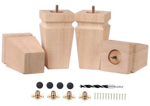 Unfinished Oak Furniture Legs - Heavy Duty Mid Century Solid Wood Replacement Sofa Legs Set of 4 for Couch Bench Bed Dresser Coffee Table-with Installation Hardware (Natural 5" H*3.15" W) - color: Plain Wood Color, size: 5"H*3.15"W