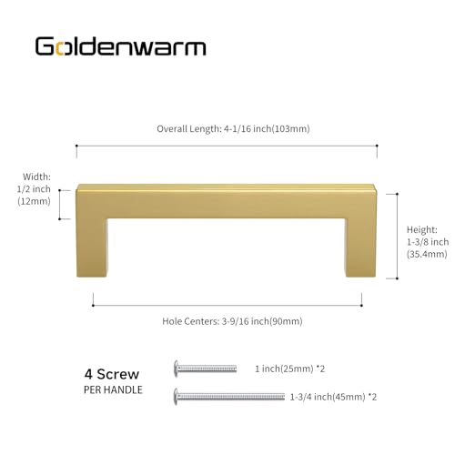 Goldenwarm Gold Cabinet Pulls Kitchen Cabinet Door Handle - LSJ12GD90 Brushed Brass Drawer Pulls 3.5 Inch Hole Center Modern Square Cupboard Handles Hardware Dresser Knobs 25 Pack - color: Gold, size: 3-1/2in Hole Centers