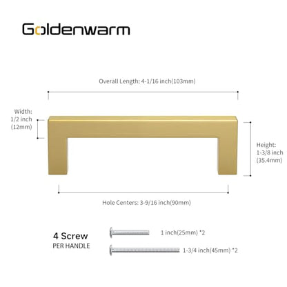 Goldenwarm Gold Cabinet Pulls Kitchen Cabinet Door Handle - LSJ12GD90 Brushed Brass Drawer Pulls 3.5 Inch Hole Center Modern Square Cupboard Handles Hardware Dresser Knobs 25 Pack - color: Gold, size: 3-1/2in Hole Centers