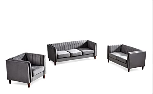 Container Furniture Direct Modern Luxury Velvet Couches for Living Room with High Density Foam, Soft Fabric Upholstery, Removable Cushions and Solid Wood Legs, 3 Piece Set Chair, Loveseat & Sofa, Grey - color: Grey, size: 3 Piece Set