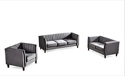 Container Furniture Direct Modern Luxury Velvet Couches for Living Room with High Density Foam, Soft Fabric Upholstery, Removable Cushions and Solid Wood Legs, 3 Piece Set Chair, Loveseat & Sofa, Grey - color: Grey, size: 3 Piece Set