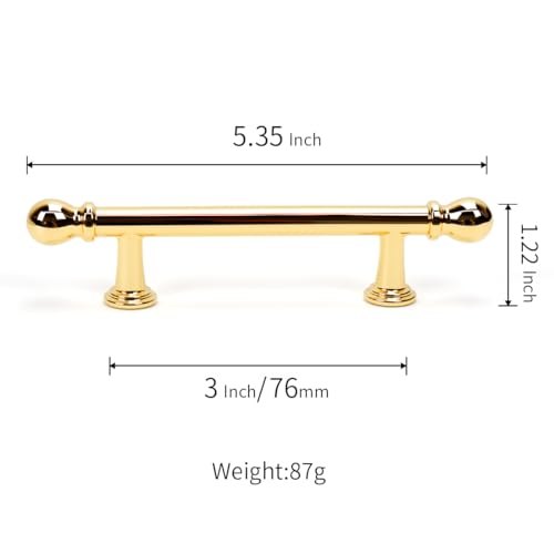 YAGU 6 Pack Polished Brass Cabinet Pulls 3 Inch(76mm) Hole Center Solid Shiny Gold Kitchen Drawer Handles Furniture Hardware for Dresser Cupboard Wardrobe Closet Vanity - color: Polished Brass, size: 6 Pack, style: 3''/76MM Hole Center