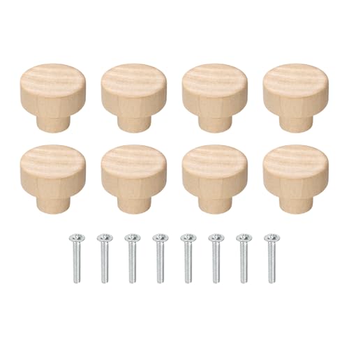 uxcell 8Pcs Round Wood Drawer Knob, 1.18" Diameter Flat Head Dresser Knobs Solid Wooden Knobs with Screws for Furniture Drawer Wardrobe Cupboard - size: 1.18"