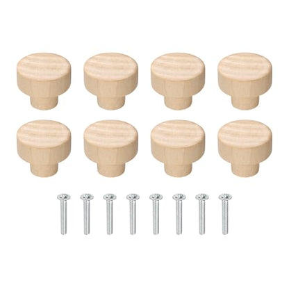 uxcell 8Pcs Round Wood Drawer Knob, 1.18" Diameter Flat Head Dresser Knobs Solid Wooden Knobs with Screws for Furniture Drawer Wardrobe Cupboard - size: 1.18"