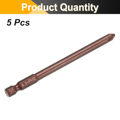 HARFINGTON 5pcs #2 Phillips Screwdriver Bit PH2 1/4" Hex Shank 4" (100mm) Long 0.24" Rod Magnetic Cross Head Drive Drill Bits S2 Steel Industrial Screw Driver Electric Power Tool, Brown - size: PH2 x 4" x 0.24"