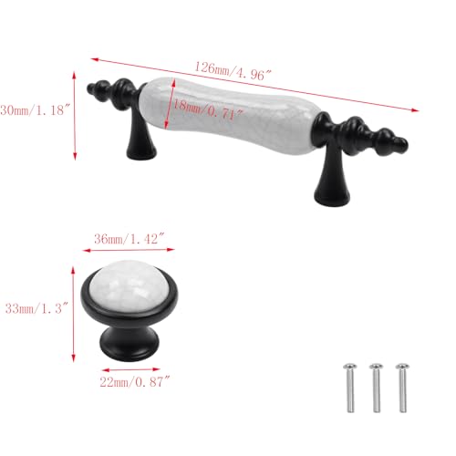 Set of 8 Black & White Ceramic Cabinet Pulls Antique Drawer Knobs