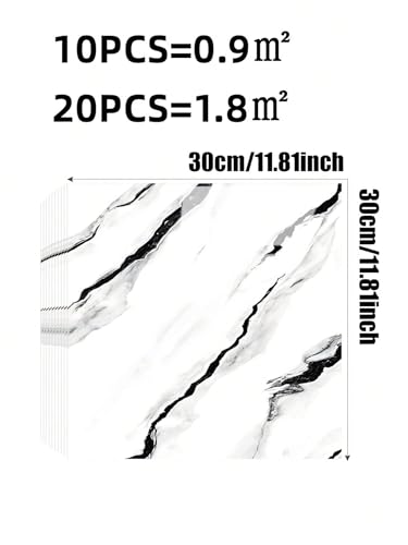 Chejiaye 10pcs Marble Peel and Stick Backsplash Waterproof Washroom Wall Panels, Peel and Stick Tile, PVC Foam Wall Panels for Kitchen,Bathroom,living room,White and Black(Not Real Tile,11.8" x 11.8") - color: White and Black, size: 11.8" x 11.8" x 10Pack