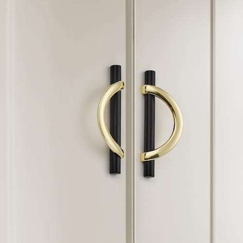 Polished Brass & Matte Black Cabinet Pulls Curved 3-3/4 Inch/96 mm, 10 Pack - color: Gold & Matte Black, size: 3-3/4 Inch Hole Center