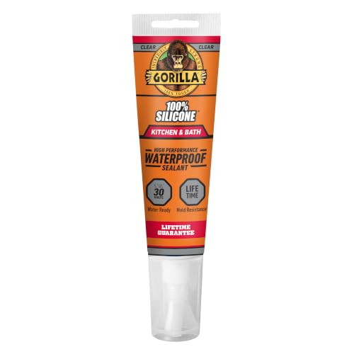 Gorilla 100% Silicone Kitchen & Bath Sealant Caulk, 2.8 fl oz, Clear, Waterproof, Mold Resistant, Easy Touch-Up Caulking for Sinks, Tubs, Showers, Tile, Faucets & Countertops - color: Clear, size: 2.8 Ounce
