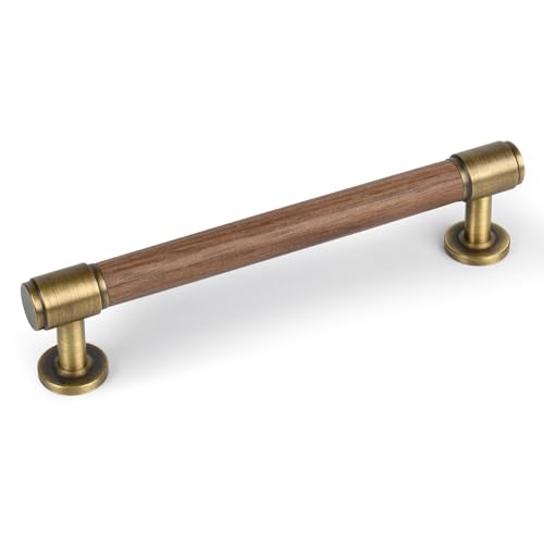 SALISENG-5 Pack Walnut Wood and Antique Brass Kitchen Cabinet Pulls,5 Inch Brass Dresser Drawer Handles, Modern Furniture Pulls for Cupboard Wardrobe Closet Cabinet Hardware - size: 5 Inch Hole Center