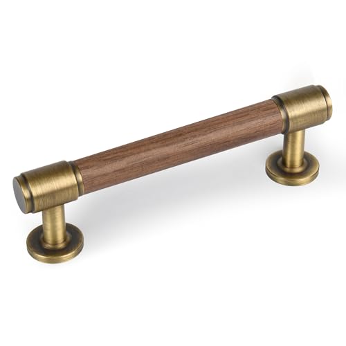 SALISENG-Solid Brass and Walnut Wood Kitchen Cabinet Pulls, 5 Pack 3-3/4 Inch Brass Dresser Drawer Handles, Modern Furniture Hardware Pulls for Bathroom Bedroom Living Room Cabinets - size: 3-3/4 Inch Hole Center