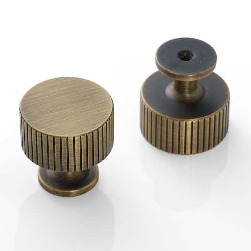 2 Pack Solid Brass Cabinet Knobs, Classic Drawer Knobs, Brushed Antique Brass Cabinet Knobs for Kitchen, Bathroom, and Furniture - size: Knob-E