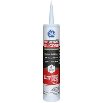 GE Supreme Silicone Caulk for Kitchen & Bathroom, Clear, 10 fl oz Cartridge, 1 Pack - 100% Waterproof Silicone Sealant, 7X Stronger Adhesion, Shrink & Crack Proof - color: Clear, size: Pack of 1