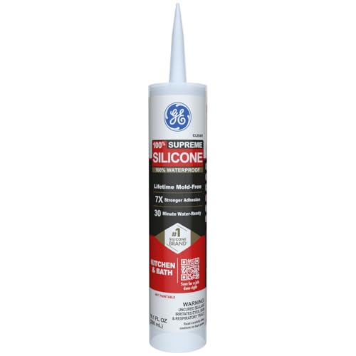 GE Supreme Silicone Caulk for Kitchen & Bathroom, Clear, 10 fl oz Cartridge, 1 Pack - 100% Waterproof Silicone Sealant, 7X Stronger Adhesion, Shrink & Crack Proof - color: Clear, size: Pack of 1