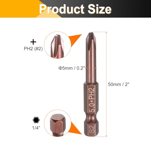 HARFINGTON 5pcs #2 Phillips Screwdriver Bit PH2 1/4" Hex Shank 2" (50mm) Long 0.2" Rod Magnetic Cross Head Drive Drill Bits S2 Steel Industrial Screw Driver Electric Power Tool, Brown - size: PH2 x 2" x 0.2"