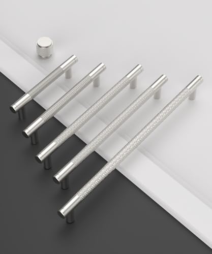 Brushed Nickel Knurled Cabinet Handles Kitchen Pulls 5 Inch 10 Pack - color: Brushed Satin Nickel, size: 5" Hole Center