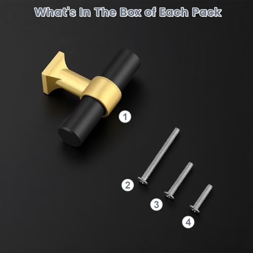 Black Brass Cabinet Knobs Single Hole T Bar Drawer Pulls 10 Pack - color: Black with Brushed Brass Base, size: Single Hole-2inch Length