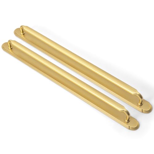 Goo-Ki 2 Pack Brushed Gold Zinc Alloy Cabinet Pulls with Backplate - 12-3/5 Inch Hole Centers Kitchen Drawer Pulls Cabinet Hardware Dresser Handles with Spacer,2202-LSJ-320-G014-2 - color: Brushed Gold, size: 12-3/5" Hole Center