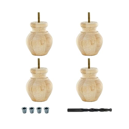 OUTWATER 4 in. H x 3-1/8 in. Dia Unfinished Solid Hardwood Bun Foot Leg for Furniture 4 Pack with 4 Free Insert Nuts and Drill Bit - color: Unfinished