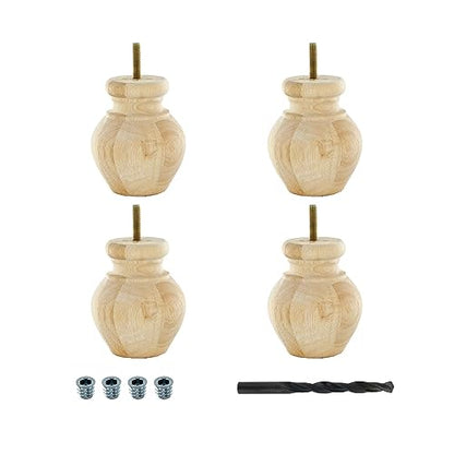 OUTWATER 4 in. H x 3-1/8 in. Dia Unfinished Solid Hardwood Bun Foot Leg for Furniture 4 Pack with 4 Free Insert Nuts and Drill Bit - color: Unfinished