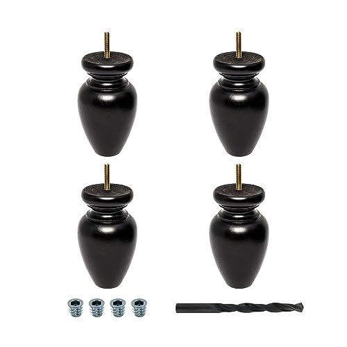 OUTWATER 5-1/2 in. H x 3-1/4 in. Dia Stained Espresso Solid Hardwood Bun Foot Leg for Furniture 4 Pack with 4 Free Insert Nuts and Drill Bit - color: Espresso
