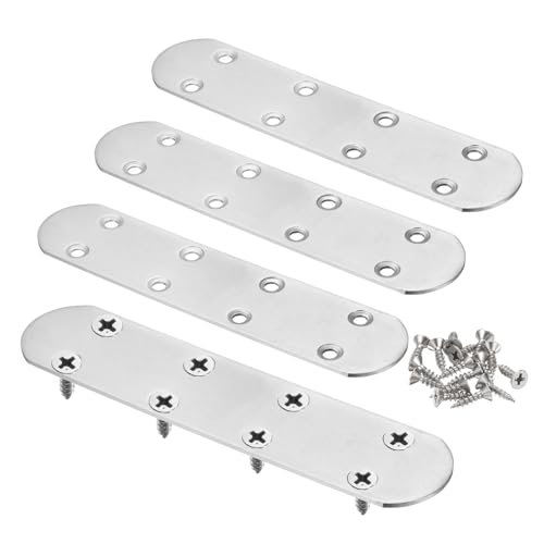 HARFINGTON 4pcs Straight Bracket 6.5" x 1.5" Stainless Steel Flat Fixing Brackets Mending Plate Corner Brace Connector with 32 Screws for Wood Board Bed Frame Furniture Shelves, Silver - size: 6.5" x 1.5"
