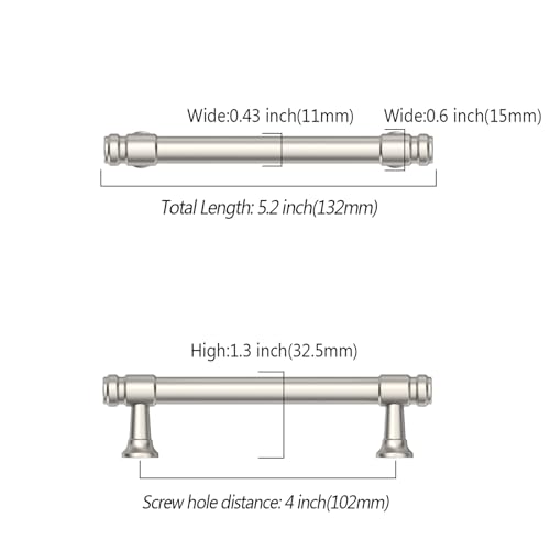 Asidrama 10 Pack 4 Inch Brushed Satin Nickel Kitchen Cabinet Handles - color: Brushed Satin Nickel, size: 4" Hole Center(102mm)