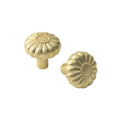 12 Pack Elegant Golden Floral Brushed Brass Cabinet Knobs, Bloom Drawer Pulls for Kitchen, Dresser Cabinet Hardware for Bedroom, 1-1/4 Inches Diameter Handles - color: Brushed Brass