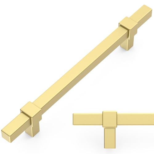 Amerdeco 10 Pack 5 Inch 128mm Brushed Gold Cabinet Pulls Zinc Alloy Heavy Duty Modern Kitchen Cabinet Handles Drawer Pulls Hardware for Cabinets Cupboard Dresser Wardrobe ZH0087 - color: Brushed Gold, size: 5"/128mm Hole Center