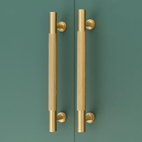 5" Knurled Solid Brass Cabinet Pulls, Brushed Matt Gold 5-Pack - color: Brushed Brass, size: 5 Inch Hole Center