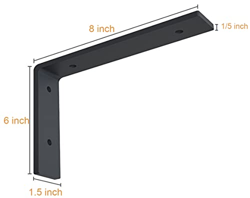 Heavy Duty Shelf Brackets 8 inch Rustic L Black Shelf Brackets 8 x 6 inches Metal Iron Industrial Shelf Bracket - L8 x H 6" x W 1.5" - 4 Pack - style: 8x6inch