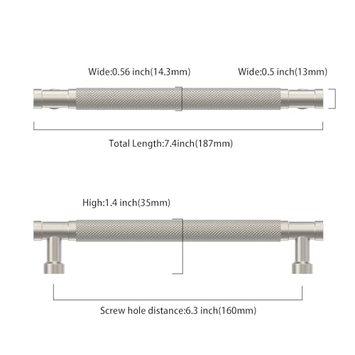 Brushed Nickel Knurled Cabinet Handles Kitchen Pulls 6.25 Inch 10 Pack - color: Brushed Satin Nickel, size: 6.3" Hole Center