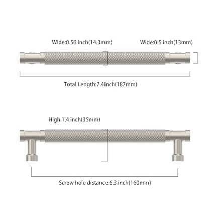 Brushed Nickel Knurled Cabinet Handles Kitchen Pulls 6.25 Inch 10 Pack - color: Brushed Satin Nickel, size: 6.3" Hole Center