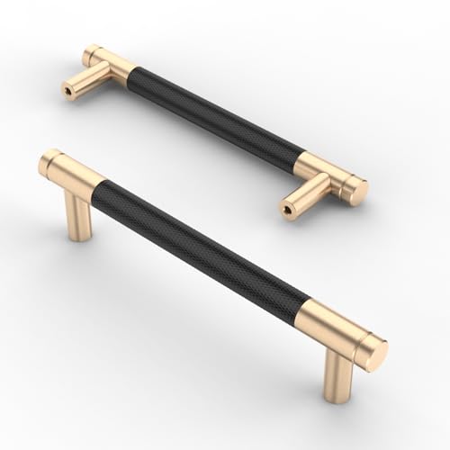 Asidrama 10 Pack 5 Inch(128mm) Matte Black Cabinet Pulls Knurled Cabinet Handles Gold Cupboard Handles Kitchen Cabinet Hardware for Cupboard Drawer Pulls - color: Black-Gold, size: 5" Hole Center, style: 10 Pack