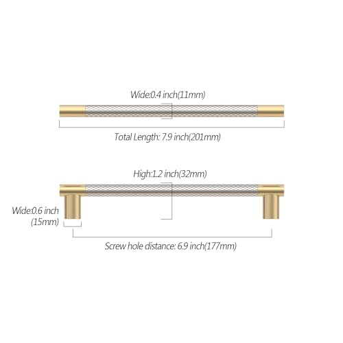 Asidrama 10 Pack 7 Inch(177mm) Knurled Gold and Brush Satin Nickel Kitchen Cabinet Handles,Cabinet Pulls Kitchen Cabinet Hardware Cupboard Handles Drawer Handles Dresser Pulls 4496A - color: Gold-Nickel, size: 7" Hole Center(177mm)