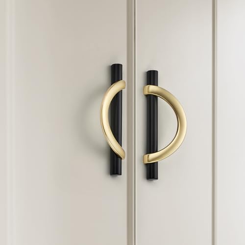 Brushed Gold & Matte Black Cabinet Pulls Curved, 3-3/4 Inch/96 mm, 10 Pack - color: Brushed Brass & Matte Black, size: 3-3/4 Inch Hole Center