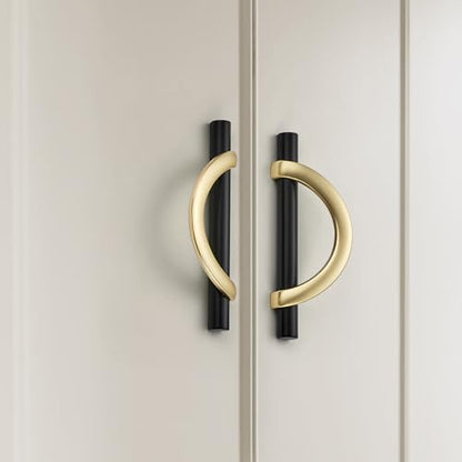 Brushed Gold & Matte Black Cabinet Pulls Curved, 3-3/4 Inch/96 mm, 10 Pack - color: Brushed Brass & Matte Black, size: 3-3/4 Inch Hole Center