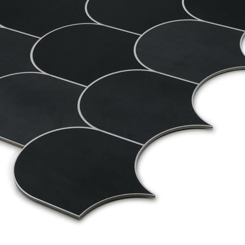 10-Sheet Fish Scale Peel and Stick Backsplash Tile, 11.4" x 10.9" Stone Composite Scallop Handmade Looks Self-Adhesive Wall Tiles for Kitchen Bathroom, Black Mixed - color: Black Mixed, size: Fish Scale