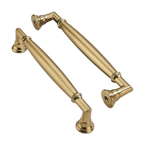 2 Pack 5 Inch Hole Center Brushed Brass Cabinet pulls Solid Satin Brass Heavy Duty Cabinet Pull Cabinet Handles Kitchen Cabinet Hardware Vanity Handles Bathroom Cabinet pulls - color: Brushed Brass, size: 5 Inch(128mm)hole center