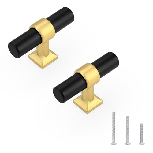 Black Brass Cabinet Knobs Single Hole T Bar Drawer Pulls 10 Pack - color: Black with Brushed Brass Base, size: Single Hole-2inch Length