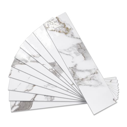 Vamos Tile Peel & Stick Backsplash on Subway Tile,40-Pack 3''x12'',Glossy - color: White Marble with White Grout