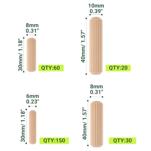 WISYOK 260Pcs Wooden Dowels, 1/4 3/8 5/16 Inch - size: 4 Size-260pcs