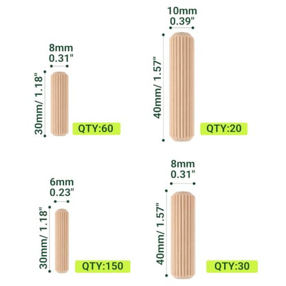 WISYOK 260Pcs Wooden Dowels, 1/4 3/8 5/16 Inch - size: 4 Size-260pcs