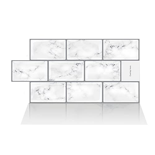 Alwayspon 10 Sheets 3D Thickened Peel and Stick Vinyl Backsplash Tiles, 12"x6" Self-Adhesive Wallpaper Wall Tile Stickers Stick on Subway Tiles for Kitchen Bathroom, Marble 018 - color: T80018