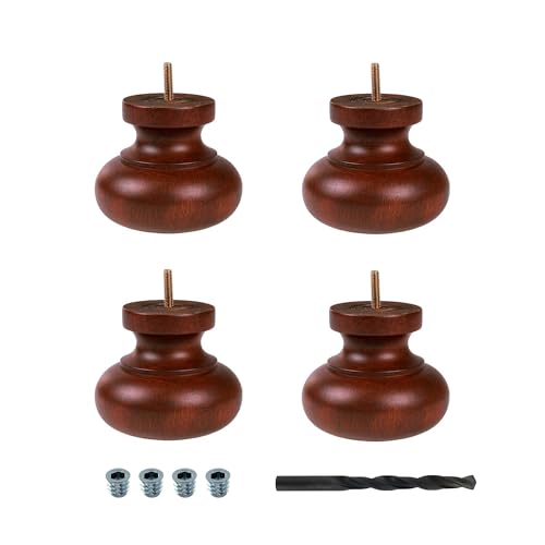 OUTWATER 4 in. H x 4-7/8 in. Dia Stained Cherry Solid Hardwood Bun Foot Leg for Furniture 4 Pack with 4 Free Insert Nuts and Drill Bit - color: Cherry