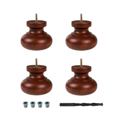 OUTWATER 4 in. H x 4-7/8 in. Dia Stained Cherry Solid Hardwood Bun Foot Leg for Furniture 4 Pack with 4 Free Insert Nuts and Drill Bit - color: Cherry