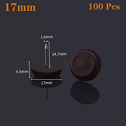 17mm Brown Nylon Furniture Sliders Nail On - Chair Leg Floor Protectors Nail - Nylon Chair Glides with Nail Brown Sliders Head, Chair, Table Leg Feet Protector Nail（Flat Bottom 100 Pcs） - size: 17mm