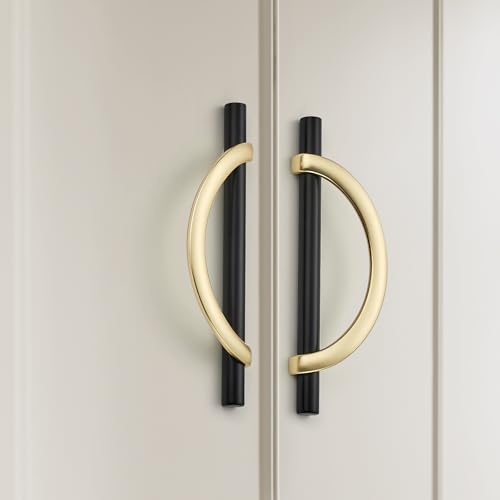 Brushed Gold & Matte Black Cabinet Pulls Curved, 5 Inch/128 mm, 10 Pack - color: Brushed Brass & Matte Black, size: 5 Inch Hole Center