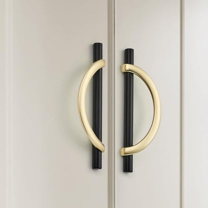 Brushed Gold & Matte Black Cabinet Pulls Curved, 5 Inch/128 mm, 10 Pack - color: Brushed Brass & Matte Black, size: 5 Inch Hole Center