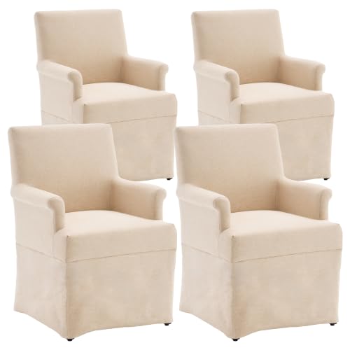 Arm Dining Chair Fabric Long Skirt Slipcovered High Back Upholstered Dinner - color: Beige, size: 4 PCS